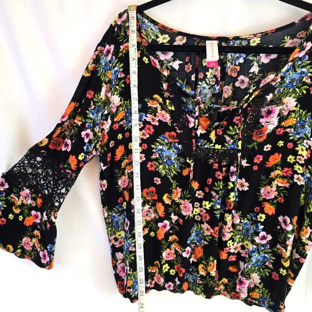 Floral Sz XL Black Lace Sleeve Tie Cottagecore Grommet Women Shirt Elastic Waist - Picture 4 of 13